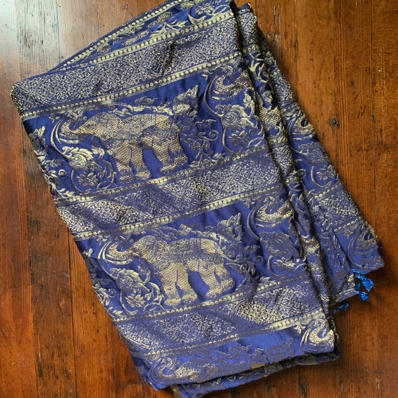 Other - Silky Thai Elephant Tablecloth - Royal Blue + Gold
